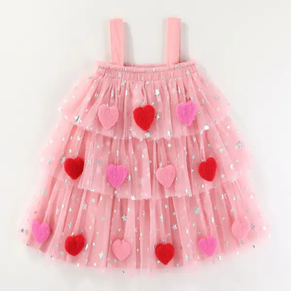 【12M-8Y】Girls Heart Applique Star Printed Ruffle Mesh Sling Dress - Popopieshop.com 