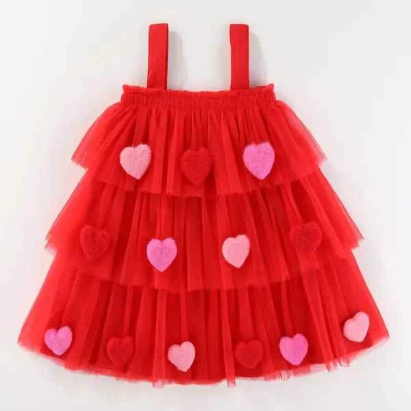 【12M-8Y】Girls Heart Appliqué Ruffle Mesh Sling Dress - Popopieshop.com 