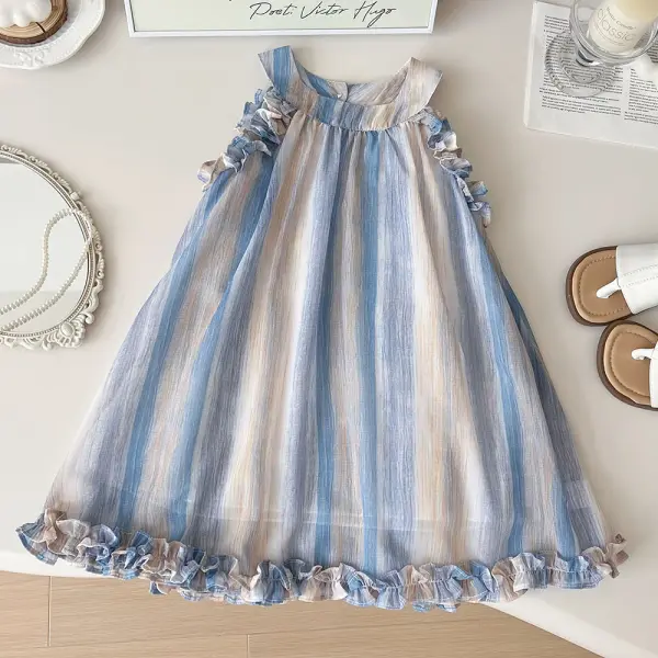 【18M-8Y】Girls Blue Striped Chiffon Sleeveless Dress - Popopieshop.com 