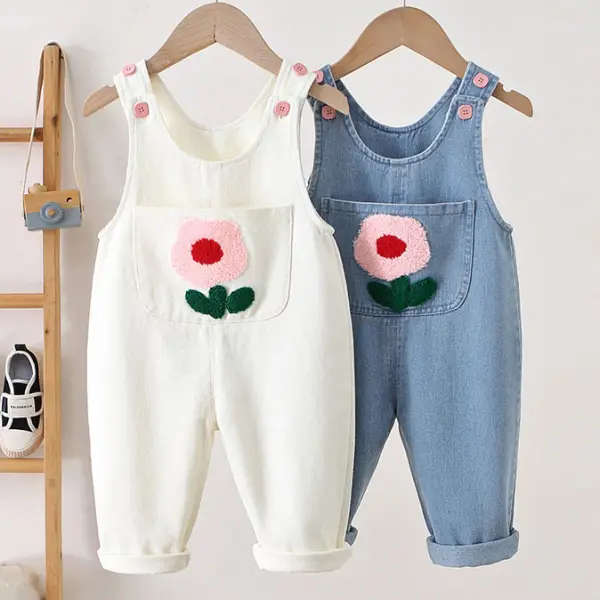 【12M-5Y】Girls Floral Embroidered Denim Overalls - Popopieshop.com 