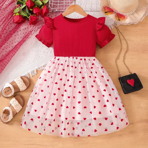 【1Y-8Y】Girls Red Heart Printed Short Sleeve Mesh Dress - Popopieshop.com 