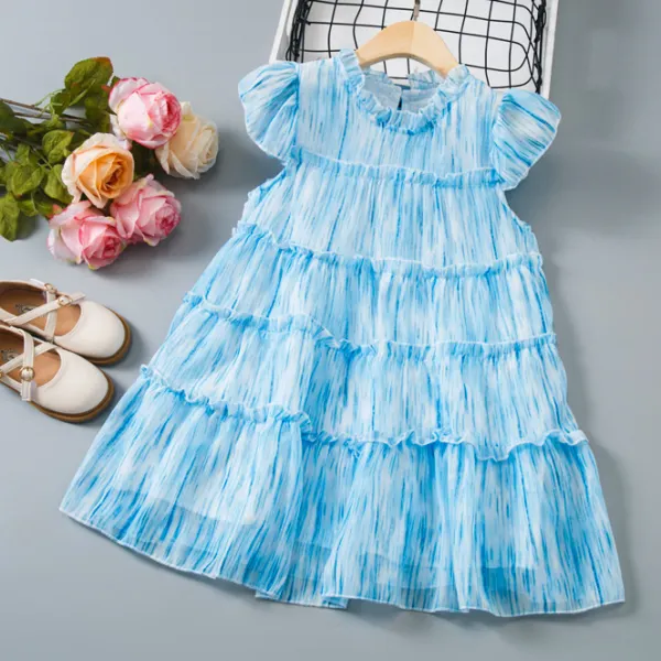 【18M-8Y】Girls Stylish Blue Striped Printed Bubble Sleeve Dress - Popopieshop.com 