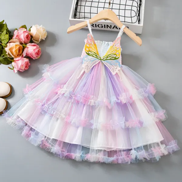 【18M-6Y】Girls Sweetheart Butterfly Embroidery Sling Rainbow Color Mesh Party Dress - Popopieshop.com 