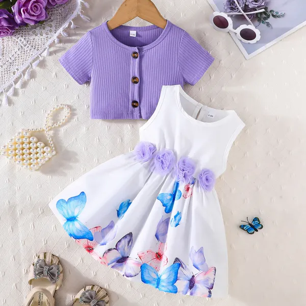 【6M-3Y】2-piece Baby Girl Cute Butterfly Print And 3D Flower Design Sleeveless Dress And Purple Cardigan Set - Popopieshop.com 