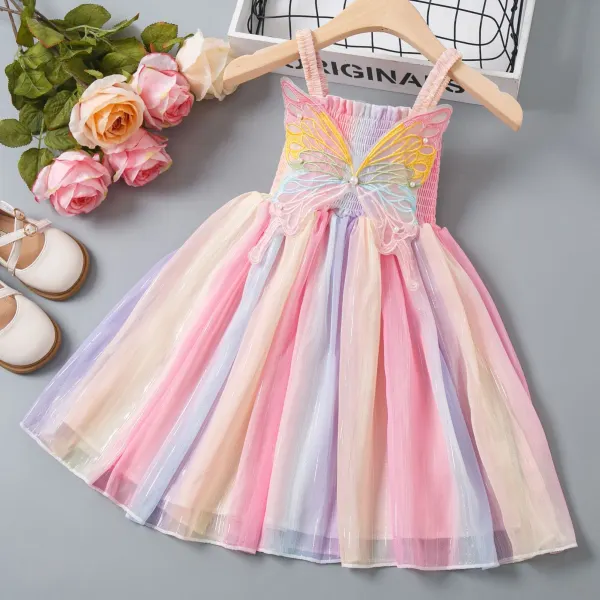 【18M-8Y】Girls Sweet Butterfly Embroidery Rainbow Color Sling Dress - Popopieshop.com 
