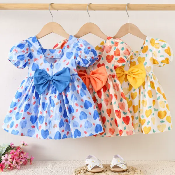 【6M-3Y】Baby Girls Cute Heart Print Bowknot Square Neck Puff Sleeve Dress - Popopieshop.com 