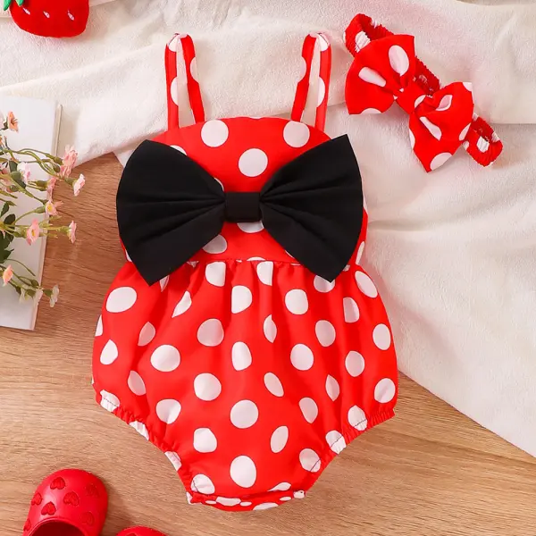 【0M-12M】2-piece Baby Girls Cute Red Polka Dot Print Bow Suspender Romper With Headband - Popopieshop.com 