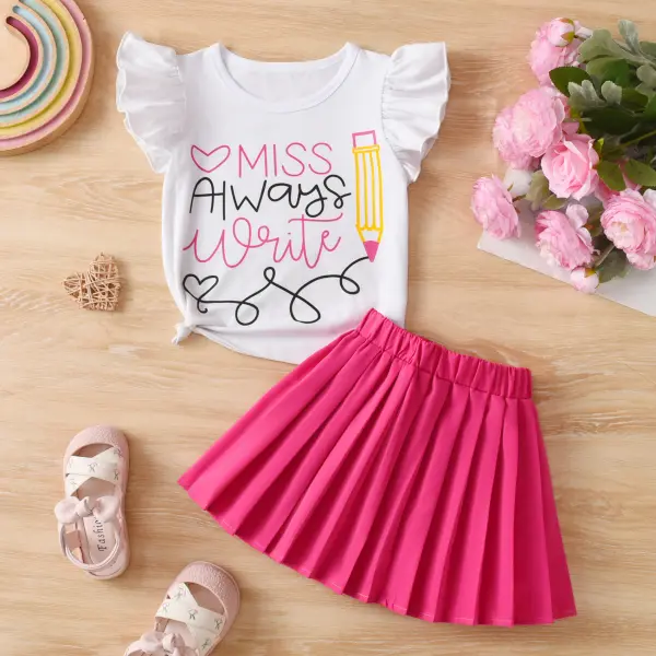【3Y-8Y】2-piece Girls Sweet Letter Print Ruffle Top And Pleated Skirt Set - Popopieshop.com 