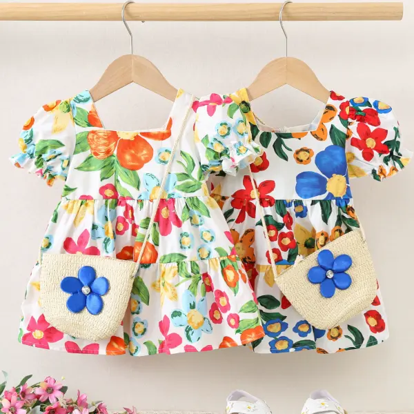 【6M-3Y】2-piece Baby Girl Cute Colorful Flower Print Square Neck Puff Sleeve Dress With Crossbody Bag - Popopieshop.com 