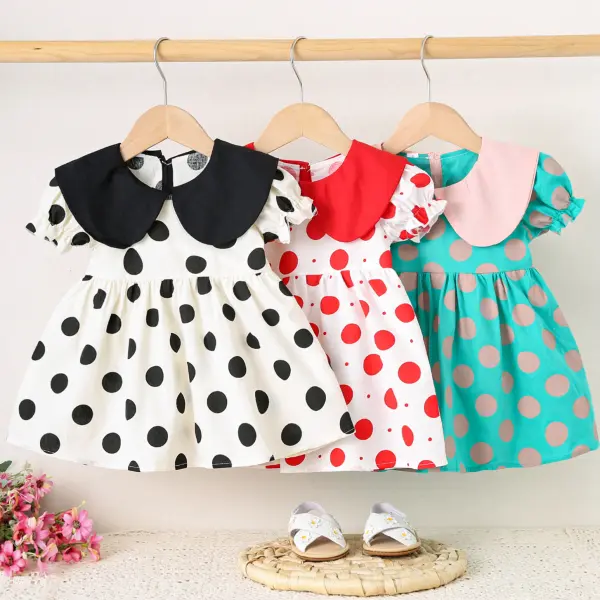 【6M-3Y】Baby Girls Cute Polka Dot Printed Doll Collar Short Sleeve Dress - Popopieshop.com 