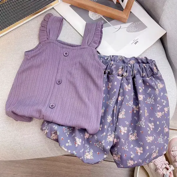 【9M-3Y】2-piece Baby Girl Solid Color Top And Floral Shorts Set - Popopieshop.com 