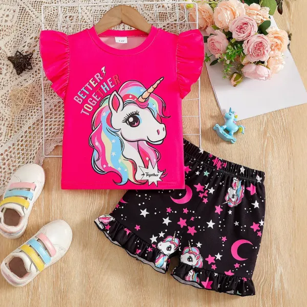 【2Y-8Y】2-piece Girls Cute Unicorn Print Rose T-shirt And Black Shorts Set Only $21.99 - Popopieshop.com 