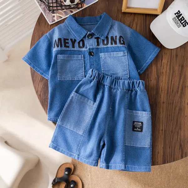 【12M-5Y】2-piece Boys Casual Letter Print Blue Denim Shirt And Denim Shorts Set - Popopieshop.com 