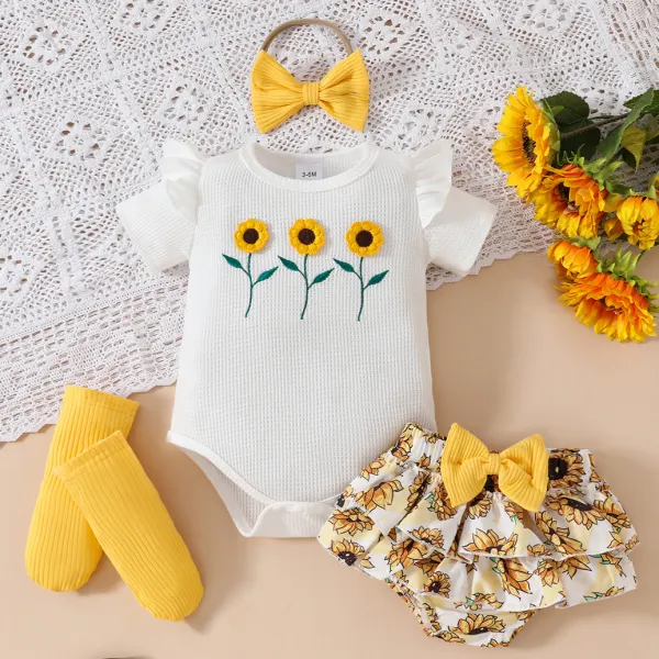 【0M-18M】4-piece Baby Girl Cute Flower Embroidered White Romper And Shorts Set With Bow Hairband And Socks - Popopieshop.com 