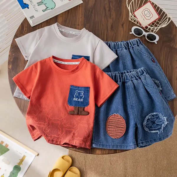 【12M-5Y】2-piece Boys Casual Short Sleeve T-shirt And Denim Shorts Set - Popopieshop.com 