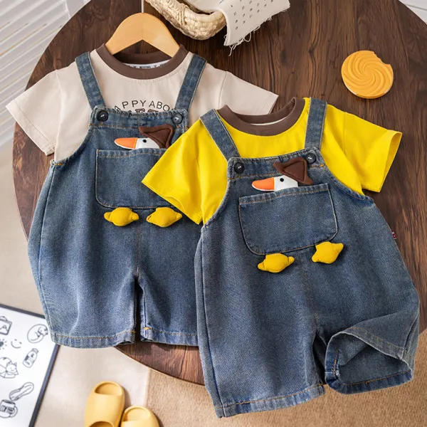【12M-5Y】2-piece Kids Short Sleeve T-shirt And Duck Embroidered Blue Denim Overalls Set - Popopieshop.com 