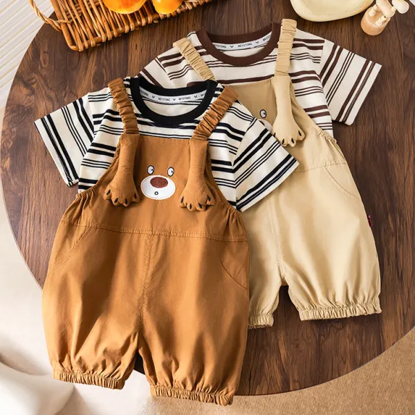 【12M-5Y】2-piece Boys Striped Short Sleeve T-shirt And Bear Embroidered Overalls Set - Popopieshop.com 