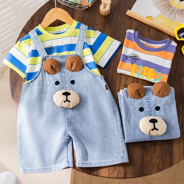 【12M-5Y】2-piece Kids Striped Short Sleeve T-shirt And Bear Embroidered Blue Denim Overalls Set - Popopieshop.com 