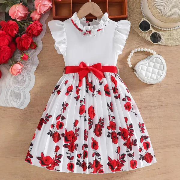 【2Y-8Y】Girls Sweet Fashion Red Floral Print Ruffle Sleeve White Dress - Popopieshop.com 