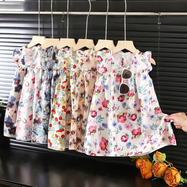 【12M-8Y】Girls Sweet Holiday Chiffon Floral Print Ruffle Dress - Popopieshop.com 