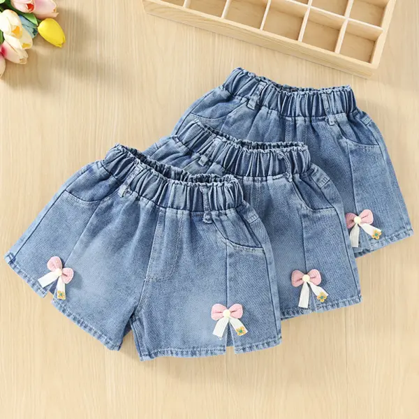 【3Y-10Y】Girls Sweet Bow Washed Denim Shorts - Popopieshop.com 