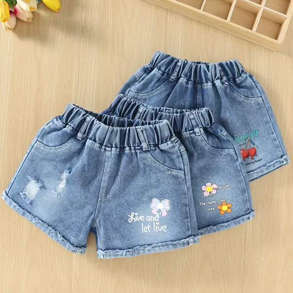 【3Y-10Y】Girls Sweet Floral Print Washing Water Denim Shorts - Popopieshop.com 
