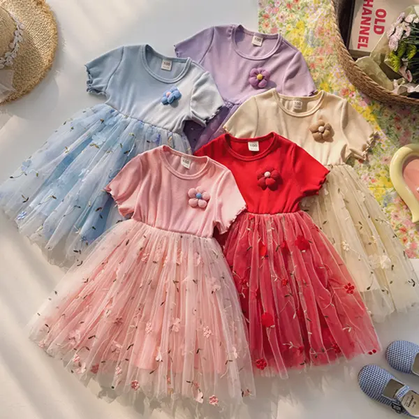 【12M-6Y】Girls Sweet Flower Embroidery Multi-layered Mesh Short Sleeve Dress - Popopieshop.com 