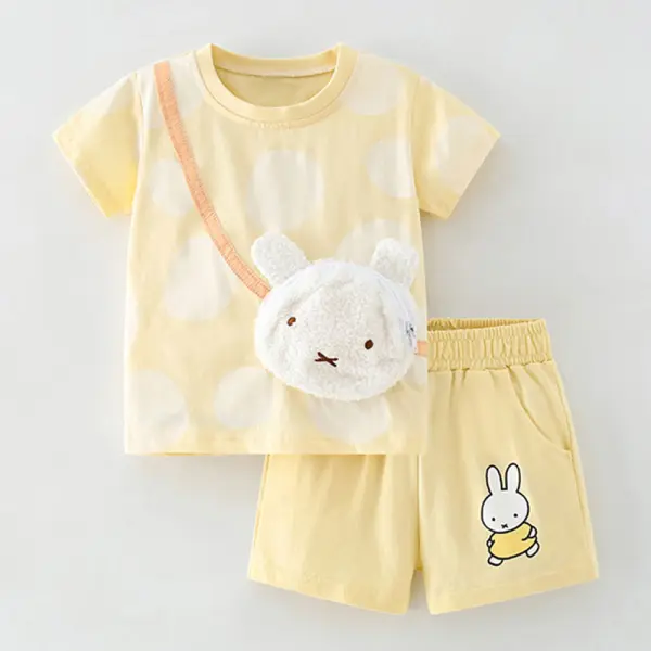 【3Y-10Y】2-piece Girls Yellow Bunny Bag Short Sleeve T-shirt And Shorts Set Only $21.99 - Popopieshop.com 