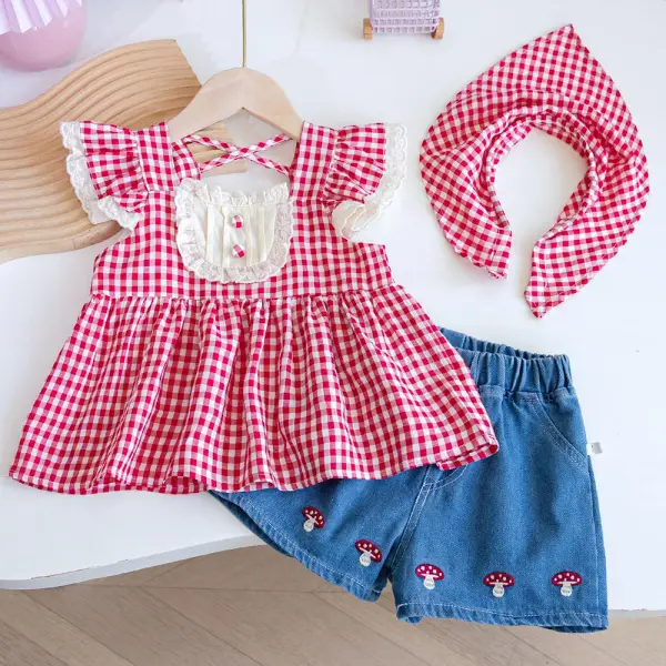 【12M-6Y】3-piece Girls Red Plaid Top And Mushroom Embroidered Denim Shorts With Headband - Popopieshop.com 