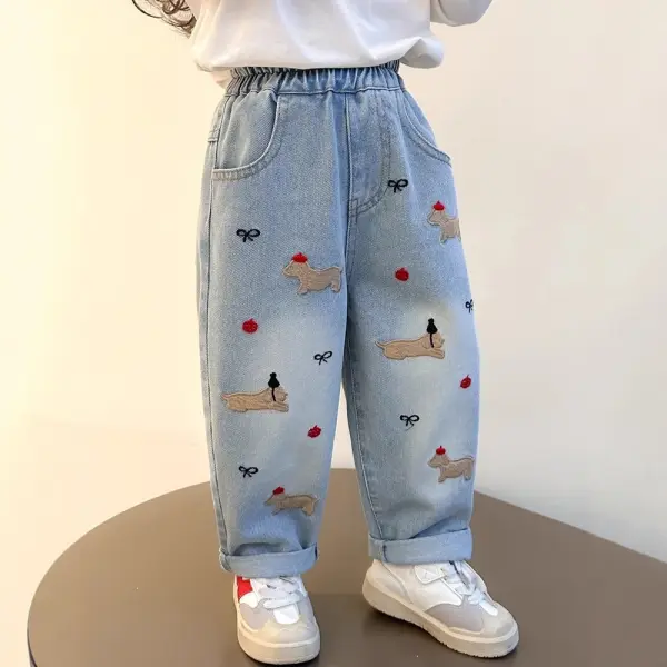 【18M-8Y】Girls Blue Puppy Embroidered Jeans - Popopie.com 