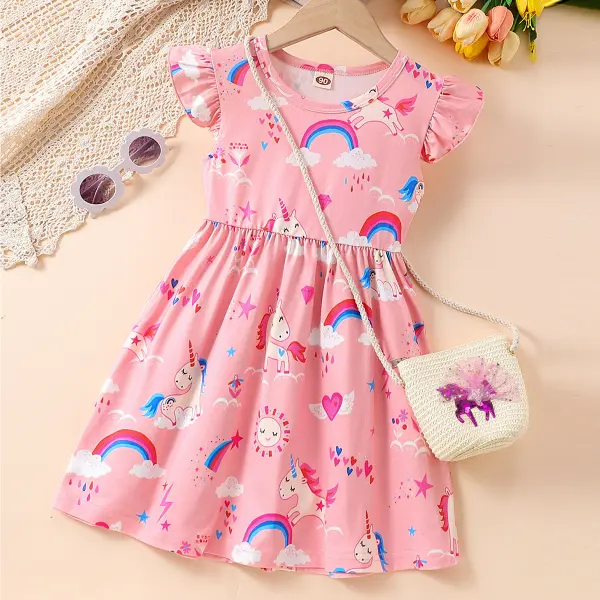 【18M-6Y】2-piece Girls Cute Unicorn And Rainbow Print Pink Dress With Bag - Popopieshop.com 