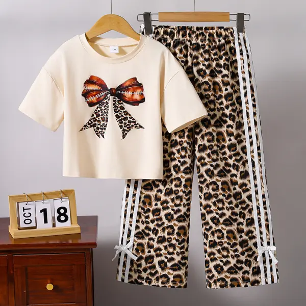 【7Y-12Y】2-piece Girls Stylish Bow Print Apricot T-shirt And Leopard Print Pants Set - Popopieshop.com 