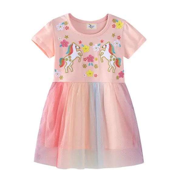 【1Y-7Y】Girls Cute Unicorn And Floral Embroidered Pink Orange Short Sleeve Dress - Popopieshop.com 