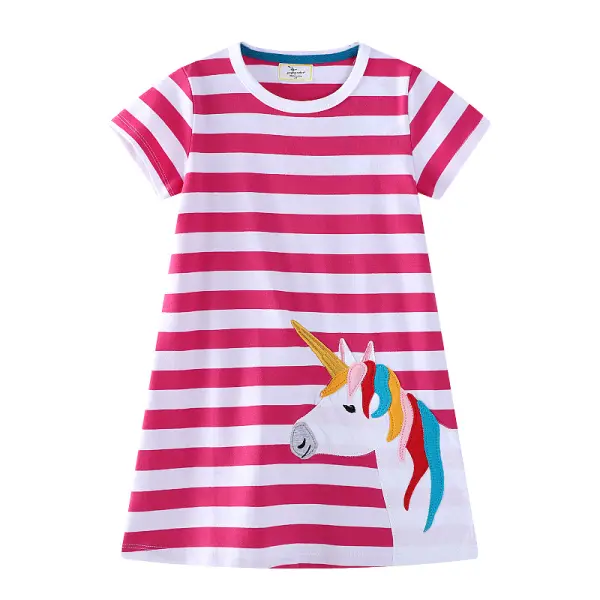 【1Y-7Y】Girls Cute Unicorn Embroidered Rose Striped Short Sleeve Dress - Popopieshop.com 