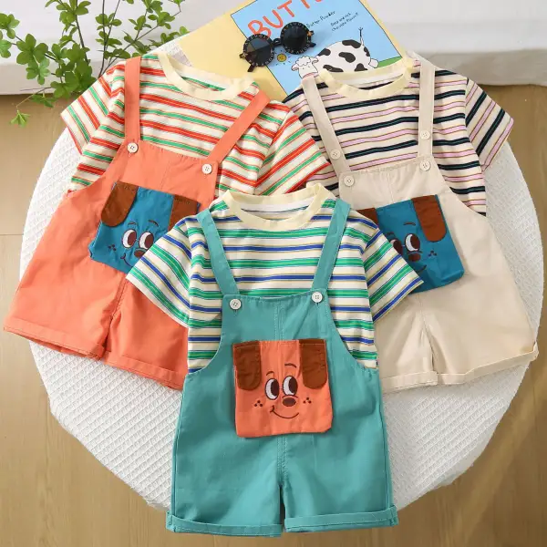 【12M-5Y】2-piece Boys Casual Striped T-shirt And Cartoon Dog Embroidered Overalls Set - Popopieshop.com 