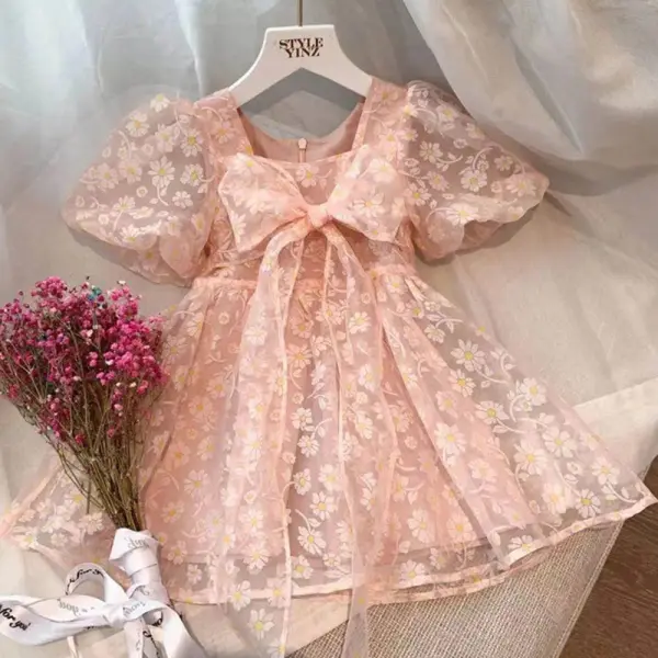 【18M-8Y】Girls Sweet Floral Print Chiffon Puff Sleeve Bow Princess Dress - Popopieshop.com 
