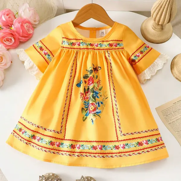 【6M-3Y】Girls Ethnic Yellow Floral Print Ruffle Short Sleeve Dress - Popopieshop.com 