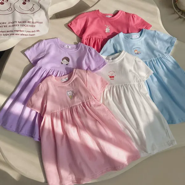 【18M-8Y】Girls Cute Cotton Cartoon Print Short Sleeve Dress - Popopieshop.com 