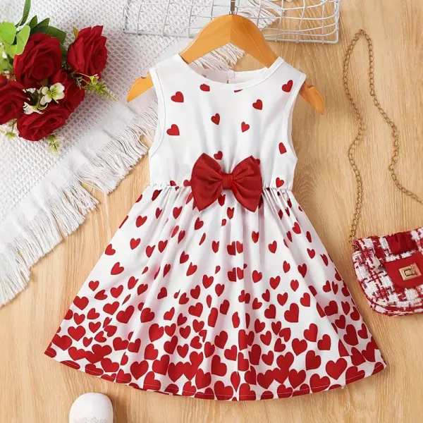 【3M-3Y】Girls Cute Heart Print Bow Sleeveless Dress - Popopieshop.com 