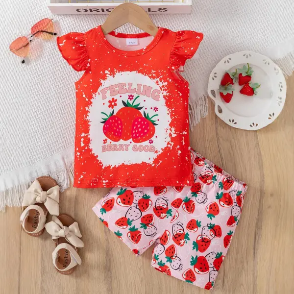 【6M-3Y】2-piece Girls Cute Strawberry Print Ruffle Top And Shorts Set - Popopieshop.com 