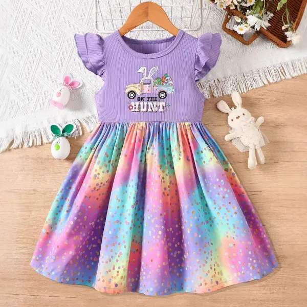 【18M-6Y】Girls Easter Bunny Truck And Letter Print Purple Dress - Popopieshop.com 