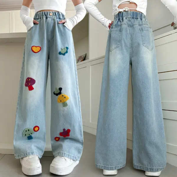 【4Y-15Y】Girls Fashion Heart Shape And Mushroom Embroidered Light Blue Jeans - Popopie.com 