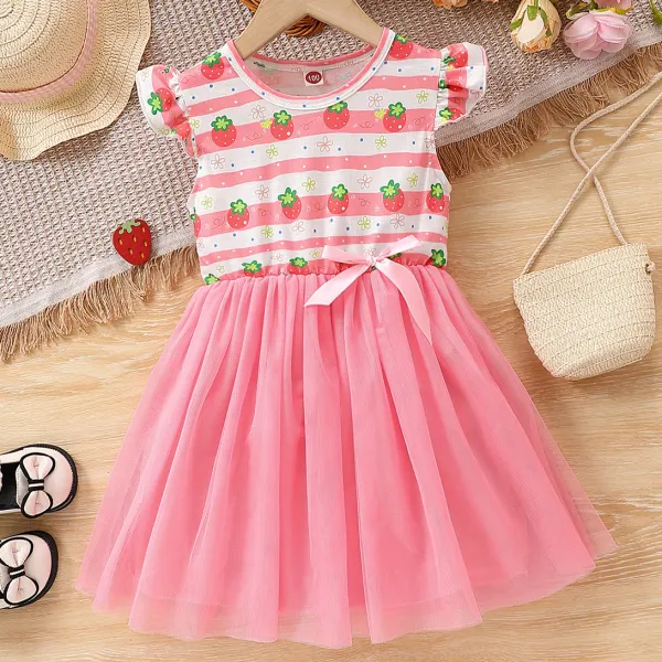 【18M-6Y】Girls Sweet Strawberry And Floral Print Pink Mesh Dress - Popopieshop.com 