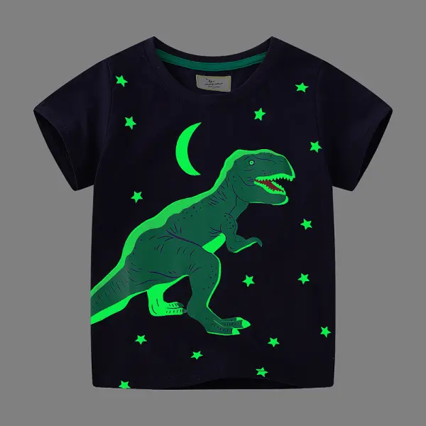 【1Y-7Y】Boys Casual Glow-in-the-Dark Dinosaur Print Short Sleeve T-shirt - Popopieshop.com 