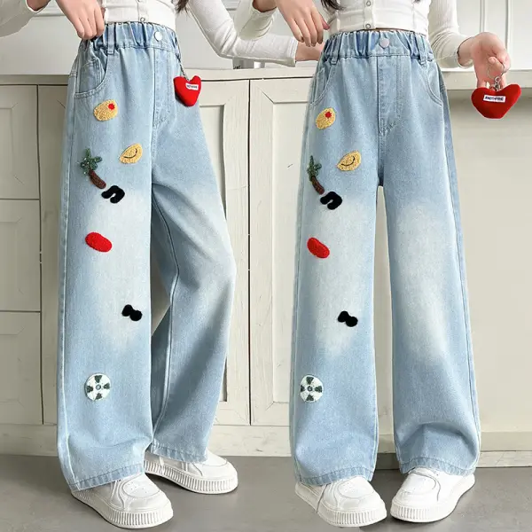 【4Y-15Y】Girls Fashion Cartoon Pattern Embroidered Light Blue Jeans - Popopieshop.com 