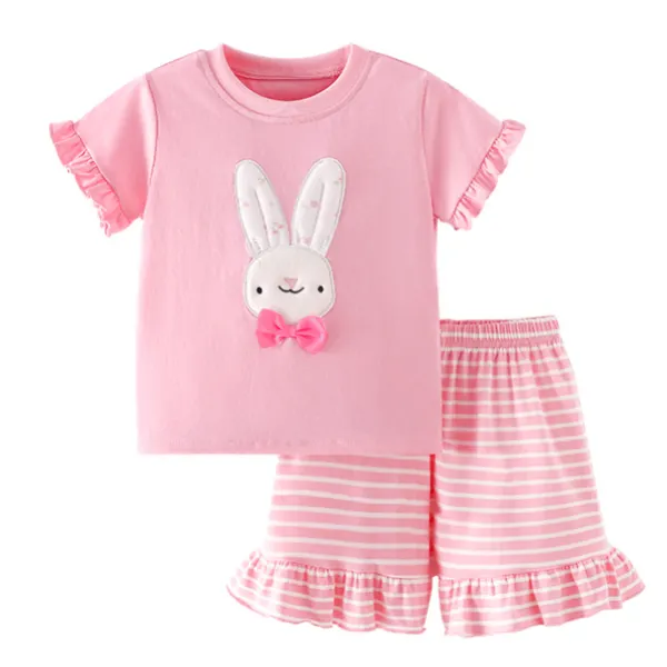 【18M-7Y】2-piece Girls Sweet And Cute Bow Bunny Embroidered Pink T-shirt And Striped Shorts Set - Popopieshop.com 