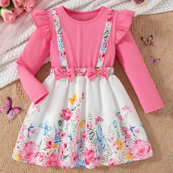 【2Y-8Y】Girls Sweet Fake Two-piece Floral Butterfly Print Long Sleeve Dress - Popopieshop.com 