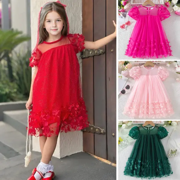 【3Y-10Y】Girls Elegant 3D Butterfly Mesh Puff Sleeve Princess Dress - Popopieshop.com 