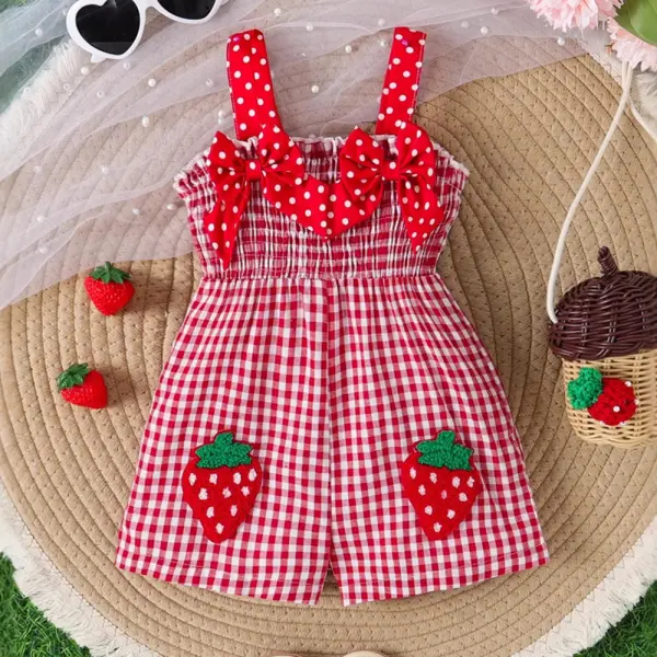 【3M-24M】Baby Girls Cute Red Plaid Strawberry Suspender Jumpsuit - Popopieshop.com 