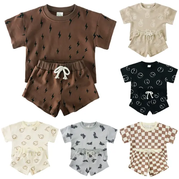 【12M-8Y】2-piece Unisex Fashion Sports Cartoon Plaid Smiley Face Printed Short Sleeve T-shirt And Shorts Set - Popopieshop.com 
